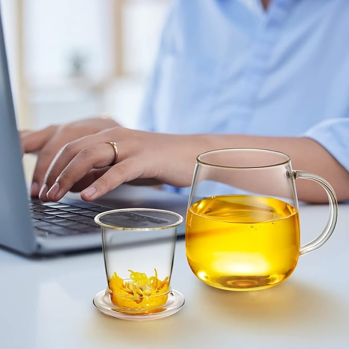 Clear Glass Teacup with Infuser and Lids for Blooming & Loose Leaf, 17oz | Borosilicate, Heat Resistance, Lead-free, Microwave & Dishwasher Safe