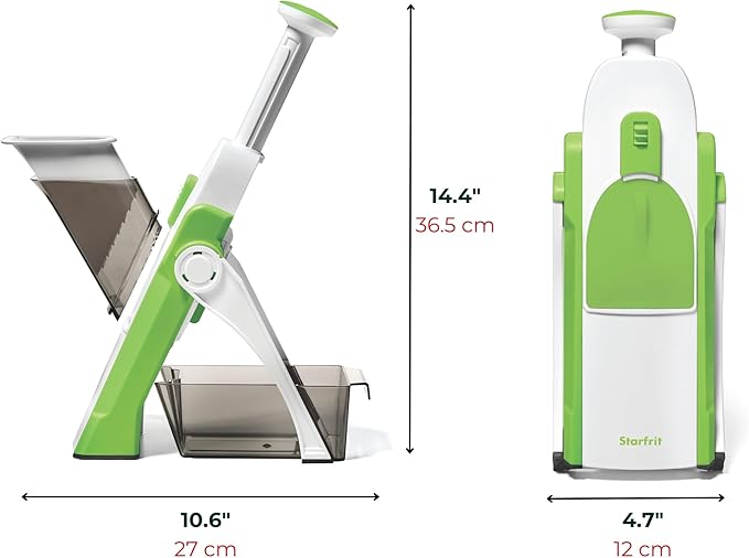 Starfrit Pump'n'Slice Vertical Mandoline, Food Slicer & Chopper, Safe | Safe enclosed blades. Adjustable slicing. Julienne & dice. Ideal for fruits & vegetables. Folds for storage.