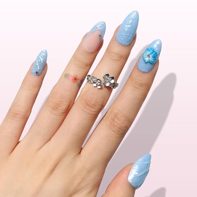 Nail Reformation Press On Nails, Blue Agate | Summer Medium Almond 30 Pcs | 15 Sizes Fake Nails with French Tip & 3D Flowers & Gems in Glossy Finish, Reusable Stick On Nail Kit, Gifts for Women
