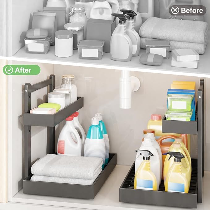 Bamboo Under Sink Organizer, 2-Tier Pull Out Cabinet Organizer | Kitchen Sink Organizer | Bathroom Cabinet Organizer | Cleaning Supply Storage | L-Shape | 3-Level Adjustable | Natural Bamboo