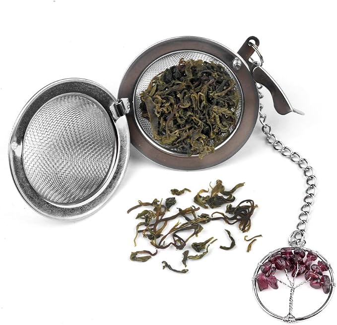 5 Pcs Stainless Steel Tea Ball Infusers with Tree of Life Crystal Charms, Fine Mesh Tea Strainers with Extension Chain & Hook for Loose Leaf Tea, Spices, Seasonings