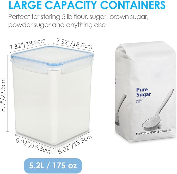 Vtopmart 5.2L Flour Sugar Storage Containers, 4 PCS, Blue | Airtight Seal, Multiple Sizes, BPA Free, Food Grade Material, Dishwasher Safe (Not Lids), 4 Measuring Cups and 24 Labels