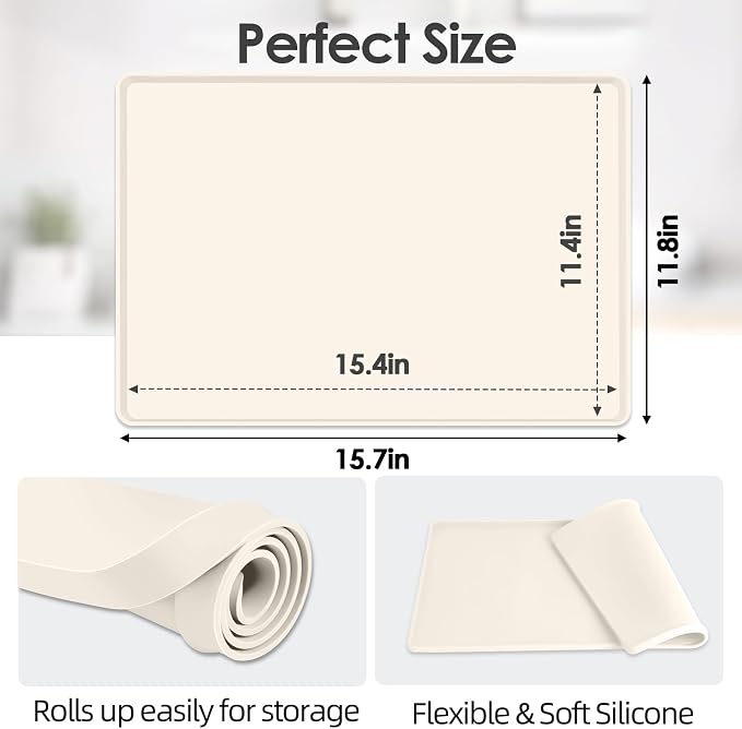 Silicone Coffee Maker Mat with Lip for Countertops 15.7''x11.8''Cream White | Multi leak-proof coffee tray for countertop, non-slip silicone mat fits most coffee makers & espresso machines, wipe-clean
