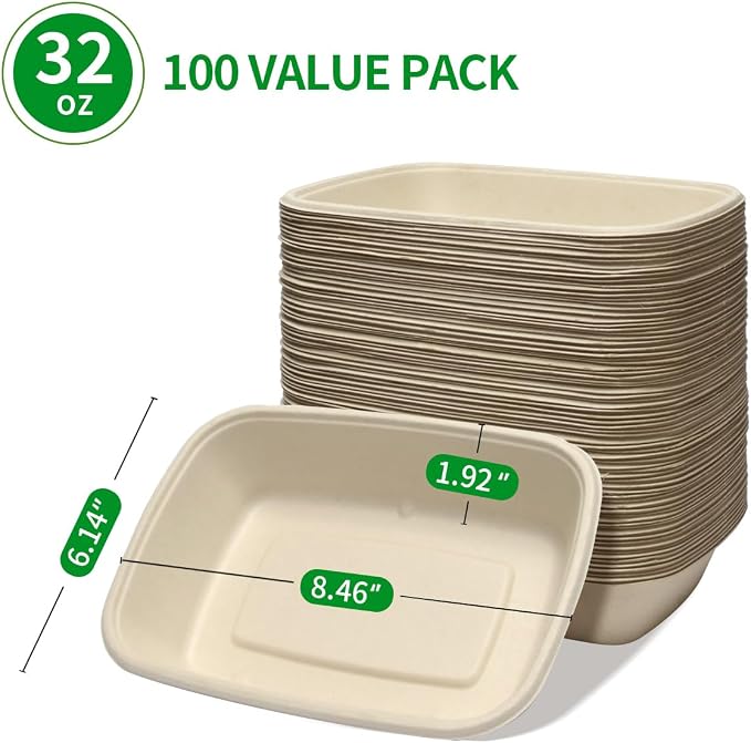 32 oz Large Rectangle Paper Bowls 100 Pack for Burrito Taco Salads | Oblong Disposable Bowls As Nacho Trays,Taco Boats and Baked Potato Dish,Nacho Taco Bar Supplies for Party,100 Bowls Only