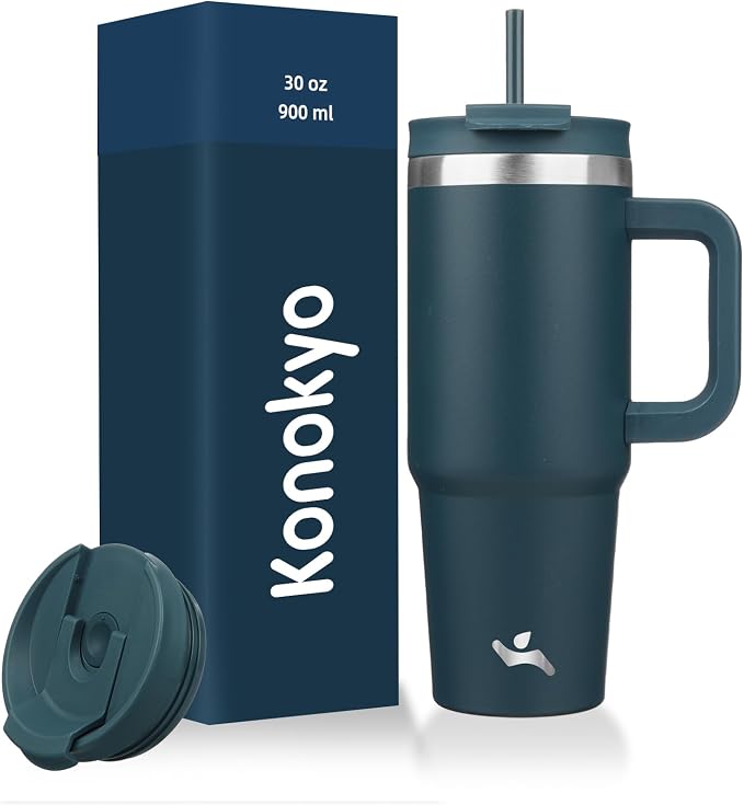 Konokyo 30 oz Insulated Tumbler Water Bottle with Handle, Straw Lid | BPA-free and dishwasher safe; made for gym, travel, coffee and gifting, 2 straws, cup holder friendly,Navy blue