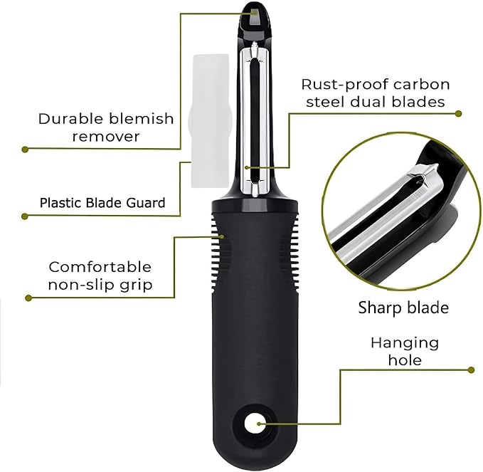 Vegetable Peeler,Non-Slip Handle,Sharp Stainless Blade for Potato | Multifunctional Peeler,Built-in Potato Eye Remover, Zero Snag, Ergonomic Grip,Plastic Blade Guard for Fruit Pumpkin (Black)