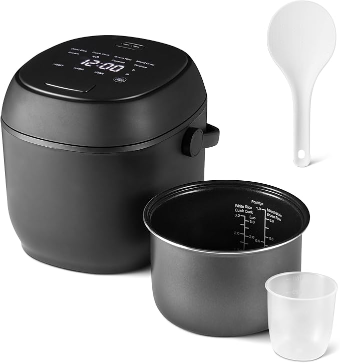 Amazon Basics Rice Cooker Small 3-cup Uncooked 6-cup Cooked, Micon with Fuzzy Logic,Keep Warm, Black