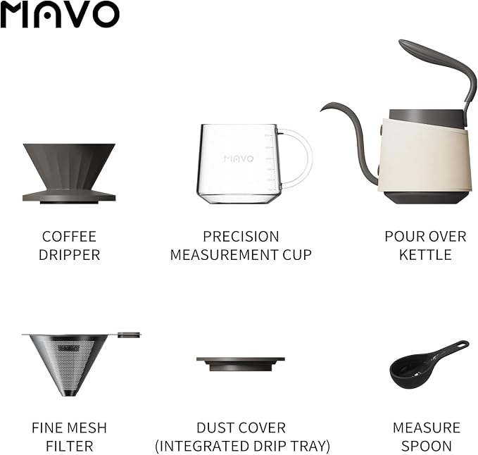 Pour Over Coffee Maker Set, Pour Over Kettle, Coffee Dripper, Glass Coffee Server with Scale, Stainless Steel Filter (Grey)