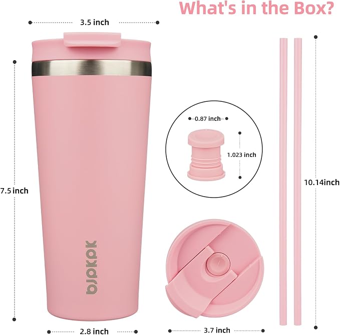 BJPKPK 22 oz Coffee Tumbler with Straw, Insulated Stainless Steel Cup | Double Wall Vacuum, Leak Proof Lid, Keeps Hot/Cold/Iced, BPA Free, Dishwasher Safe, Cupholder Friendly, Travel, Light Pink