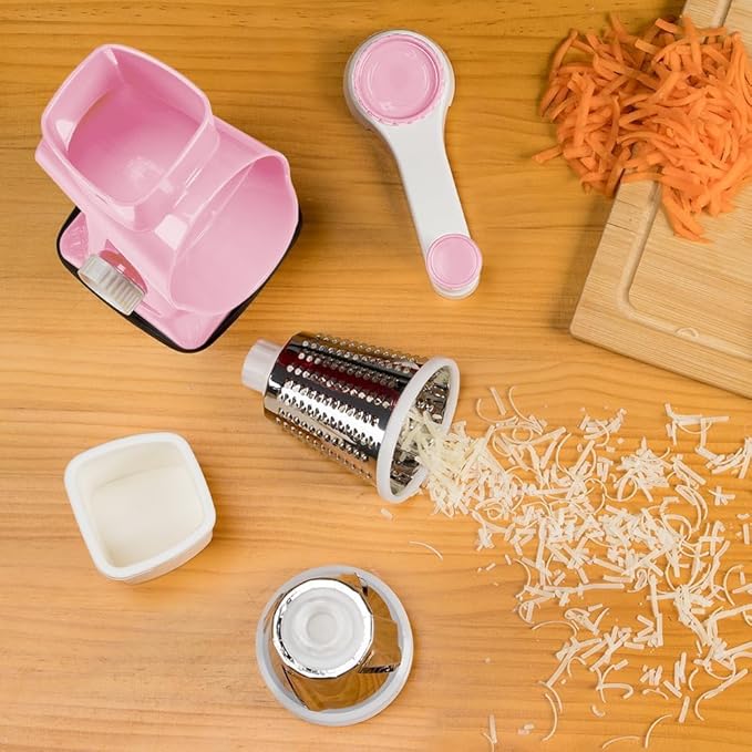 Rotary Cheese Grater Hand Crank Pink - Shredder Slicer Grinder 3 Stainless Steel Blades, Stable Suction, Labor-Saving Handle, Safe Kitchen Tool for Cheese, Vegetable, Nuts, Chocolate
