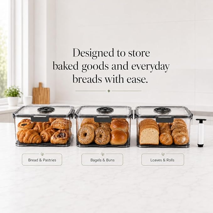 Airtight Bread Box, Sourdough Storage Container, Large 7.5L | Clear BPA-free plastic, manual air pump, date dial, silicone seal and drain tray; for sourdough, large loaves and baked goods
