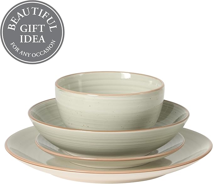 Gibson Home Stonebury 16 Piece Plates and Bowls Cream Grey Dishes - Handpainted Stoneware Dinnerware Set - Service for 4