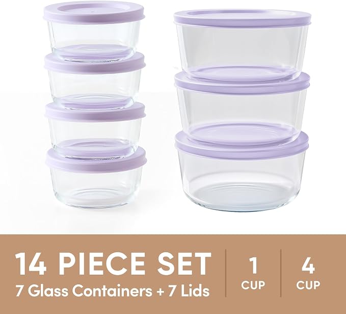 14-Piece Glass Food Storage Containers Set (7 Containers + 7 BPA-Free Lids) | 1-Cup & 4-Cup, Leakproof | Microwave, Freezer, Oven & Dishwasher Safe | Ideal for Meal Prep & Pantry Organization, Purple