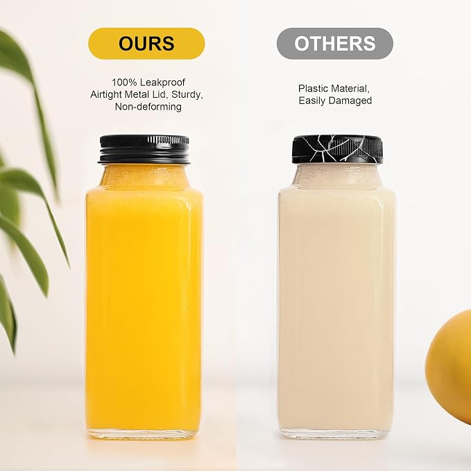 12 Pack 8 oz Glass Juice Bottles with Black Lids & Labels, Reusable Travel Juice Storage Containers, Clear Glass Drink Jars for Juicing, Water, Ginger, Wellness Shots - Leakproof, Dishwasher Safe