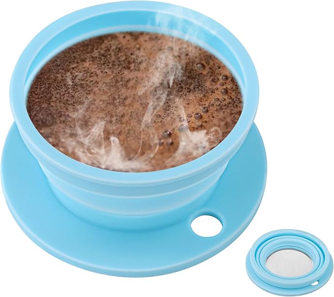 Collapsible Pour Over Coffee Dripper Single Cup, Paperless Travel Pour Over Coffee Maker Camping, Drip Coffee Maker with Reusable Metal Filter (Blue)