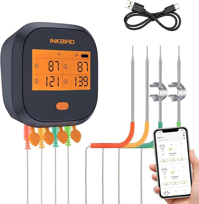 INKBIRD WiFi Meat Thermometer IBBQ-4T, Wireless BBQ Thermometer for Smoker | APP Calibration Temp Graph, Mobile Notification Timer Alarm Backlit, Rechargeable Digital Grill Thermometer, 4 Probes, Magnet