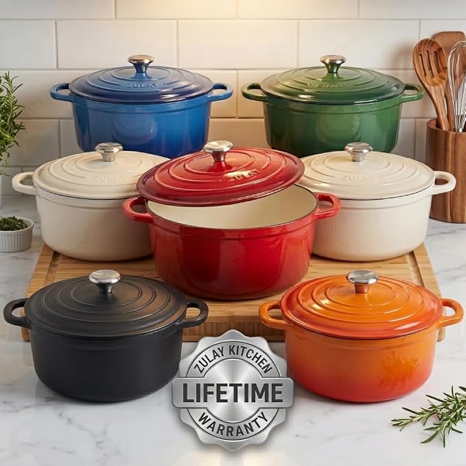 Zulay Kitchen 5 Quart Enameled Cast Iron Dutch Oven Pot with Lid – Premium Durability & Oven Safe up to 500°F – Heavy Duty Cookware Perfect for Bread Baking, Stews, Braising & Roasting – Ablaze Red