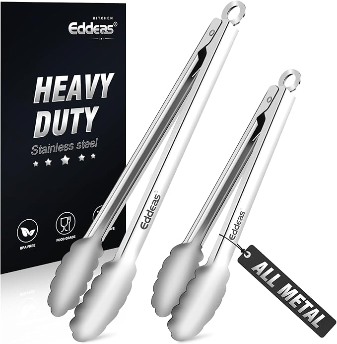 Metal Tongs For Cooking Up To 600°F Kitchen Tongs 2PCS - 9", 12 inch | Heat Resistant 600 Degree, All Stainless Steel Food Tongs,Non-Slip handle, Salad, Grilling, bbq, Dishwasher safe