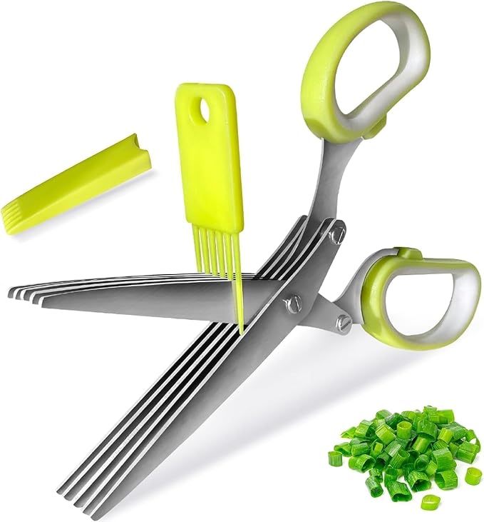 Herb Scissors, Shallot Scissors, Multipurpose 5 Blade Kitchen Herb Shears, Herb Cutter with Safety Cover and Cleaning Comb for Chopping Shallot Basil Chive Parsley