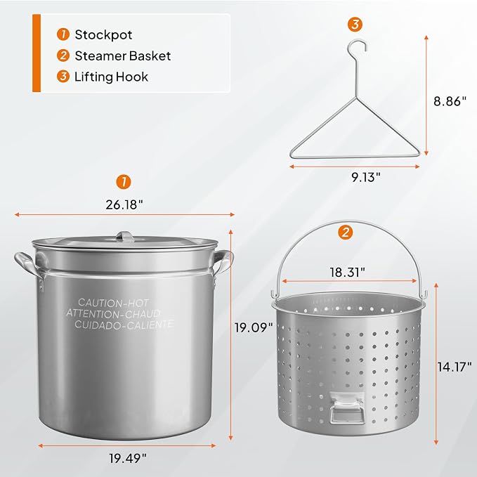 Bonnlo 102QT Stainless Steel Stock Pot for Boiling Seafood, Crawfish lobster & Crab, Frying Turkey & Steaming Tamales, Large Boil Pot with Steamer Basket, Lid, Lifting Hook for Outdoor Cooking Patio