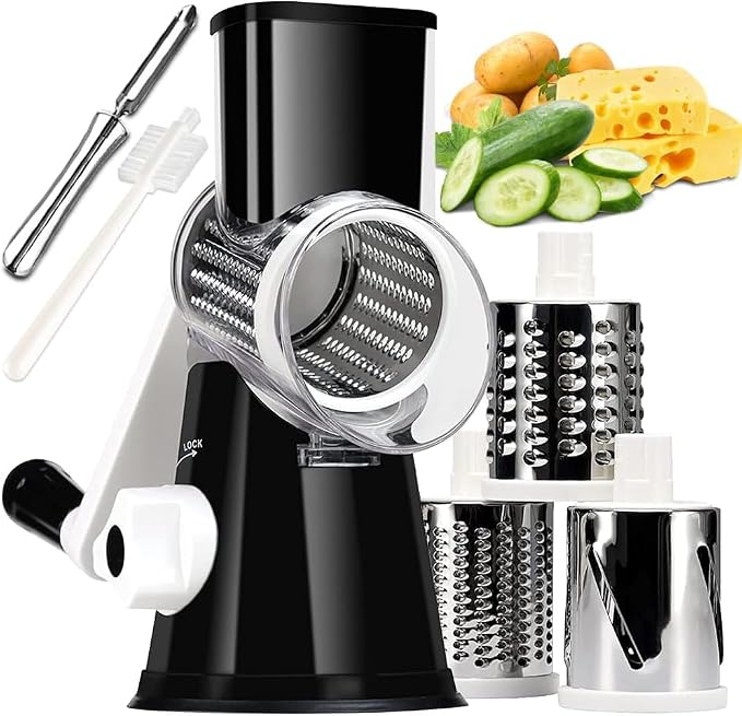 Rotary Cheese Grater Hand Crank Black - Shredder Slicer Grinder 3 Stainless Steel Blades, Stable Suction, Labor-Saving Handle, Safe Kitchen Tool for Cheese, Vegetable, Nuts, Chocolate