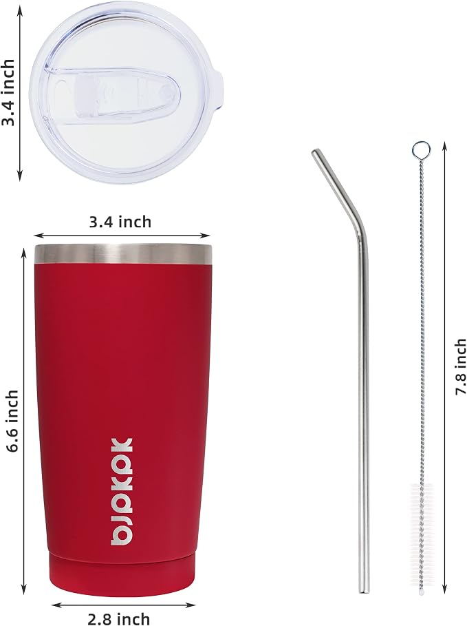 BJPKPK 20oz Coffee Tumbler with Lid & Straw, Insulated Stainless Steel Mug | Double Wall Vacuum, Keeps Hot/Cold, BPA Free, Leak Proof, Iced Coffee Cup Fit Car Holder, Travel & Beach, Red