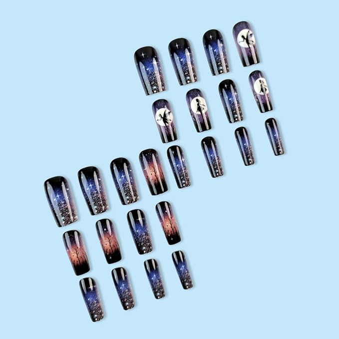 24Pcs Medium Press on Nails Square Coffin Fake Nails Purple Black Starry False Nails Press ons Nail Kit with Glitter Ombre Design Glossy Glue on Nails Full Cover Stick on Nail for Women Manicure