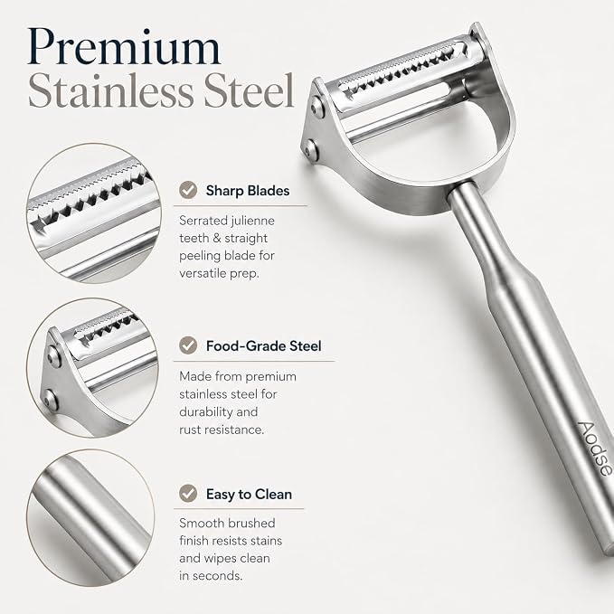 2-in-1 Julienne Vegetable Peeler, Stainless Steel Y Peeler with Dual Blades | Kitchen Peeler with Sharp Blades for Fruits & Vegetables, Ergonomic Handle, Durable and Easy to Clean
