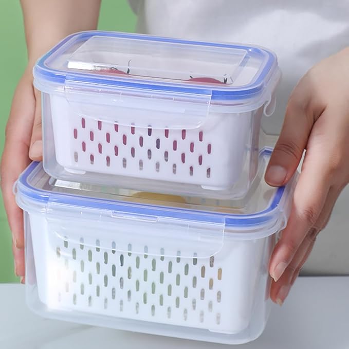 2pcs Fruit Storage Containers for Fridge, Airtight Food Saver Containers with Removable Colander & Lid, Stackable Fridge Organizer Box Set to Keep Vegetables Fresh Longer(Clear White)