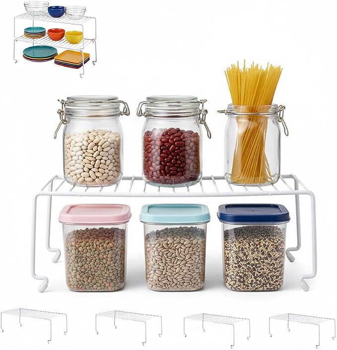 4-Pack Kitchen Cabinet Shelf Riser - Stackable Cupboard Organizer & Wire Rack for Pantry, Spice Organization, Desk & Bathroom, Rustproof Metal Closet Shelves, White (15.7" L x 8.5" W)