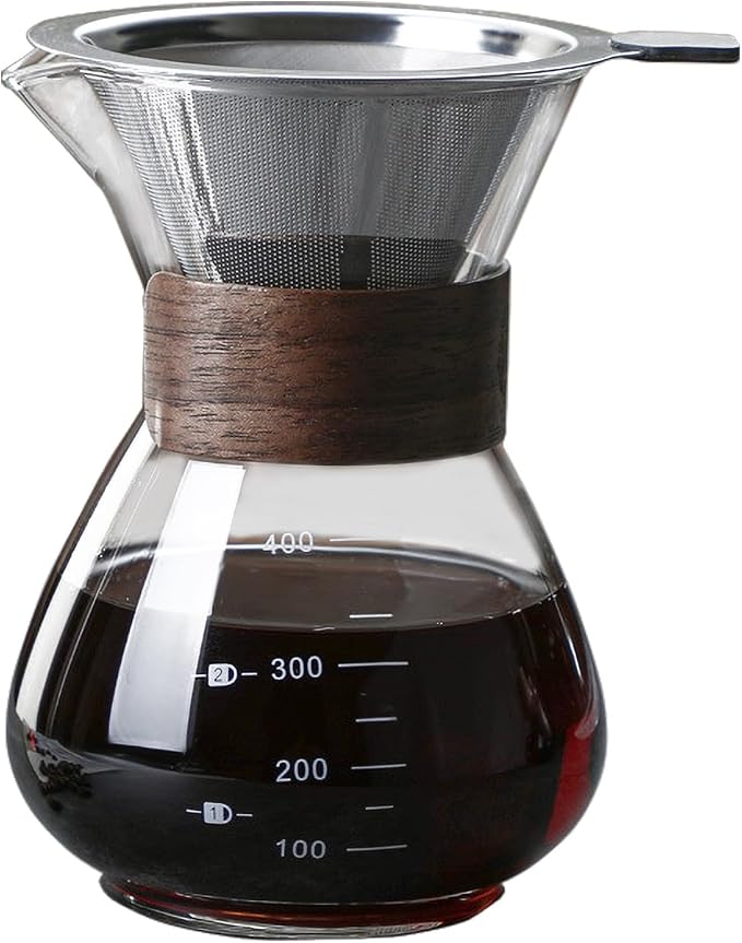BeeCa Pour Over Coffee Maker Set, 2 Cup 400 ml/13.5 oz Carafe | Reusable Filter, Borosilicate Glass Carafe, Walnut Non-slip Collar, 2-cup Portable Brewer, BPA-free & Eco-friendly