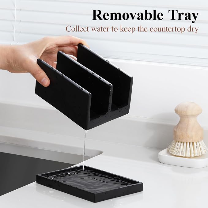 Luxspire Kitchen Sponge Holder wtih Drain Tray, 2 Compartment, Matte Black | Diatomite Stone Material, Quick-Drying & Water Absorbing stone dish sponge, For Kitchen Sink Counter, Easy to Maintain