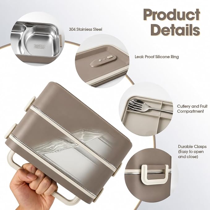 Kabbas 18/8 Stainless Steel Bento Box for Kids & Women – 66 Oz Leakproof Lunch Containers for Adults, 2Layers Stackable Metal Lunch Box with Cutlery & Insulated Bag – Ideal for Work, School, Picnic