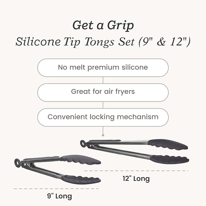 Starpack Get a Grip Silicone Kitchen Tongs (2-Pack, 9" + 12") - LFGB Non Toxic, 600°F Heat Resistant, BPA-Free - Heavy-Duty Stainless Steel, Locking - Dishwasher Safe for Nonstick Cookware