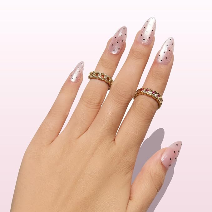 Nail Reformation Press On Nails, Watermelon Seeds | Polka Dot Medium Almond | Fake Nails with Black Dot on Rosy Pink Base, Glossy Reusable Stick On Nails Kit 30 Pcs in 15 Sizes, Manicure Gifts for Women