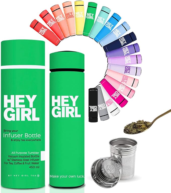 Hey Girl Tea Infuser Bottle 450ml - Insulated Stainless Steel Water Bottle - Tea Tumbler with Tea Diffuser - Portable Travel Mug for Loose Leaf Tea & Infused Water - Tea Lovers Gifts for Women