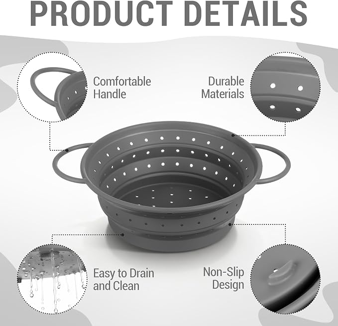 3 Pack Collapsible Colander with Strainer Bowl Set,Grey | 11 & 13 In Silicone Colanders for Kitchen, Heat-Resistant Strainer Dishwasher Safe Baskets for Vegetable Fruits