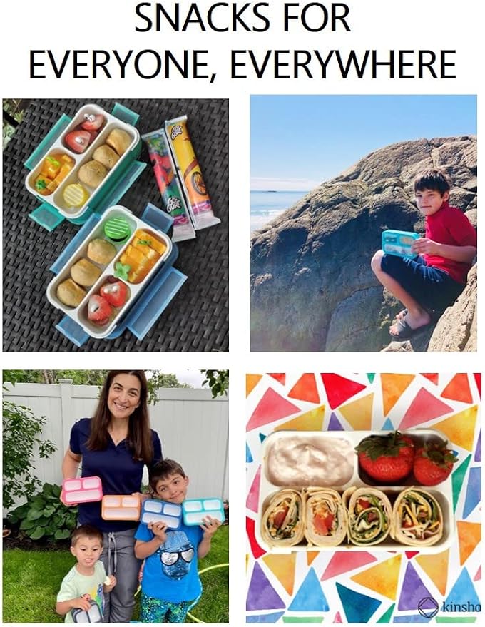 kinsho Small Snack Box Containers Set of 4, (Blue + Navy + Aqua + Orange) | 3 Compartments, Leak-Proof, Spill Proof, BPA-Free Reusable Mini Bento Lunch Box for Kids Toddlers School Travel, Holds 2 Cups