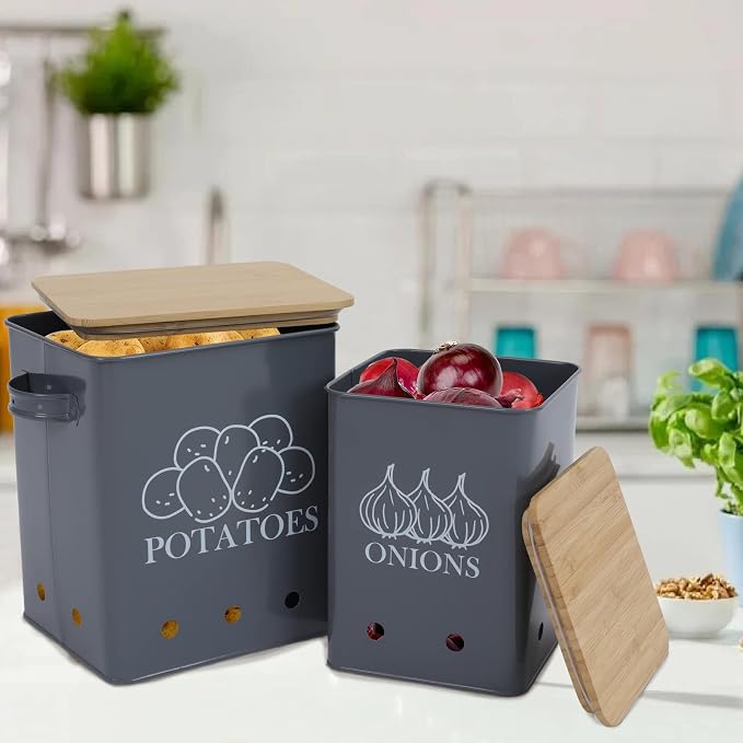 Kitchen Vegetable Storage Tins Set of 2, Onion and Potato Storage Bins with Wooden Lid and Aerating Holes, Garlic Bin Caddy, Vintage Kitchen Decor, Grey