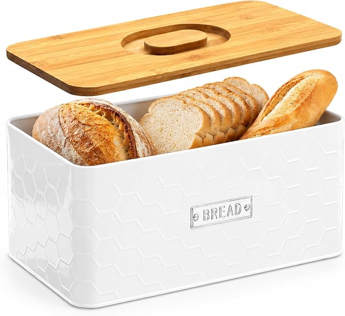 Bread Box for Countertop, Small White Metal Bin with Bamboo Lid | Small farmhouse bread storage container and bread bin with cutting board lid for homemade bread and baked goods organization.