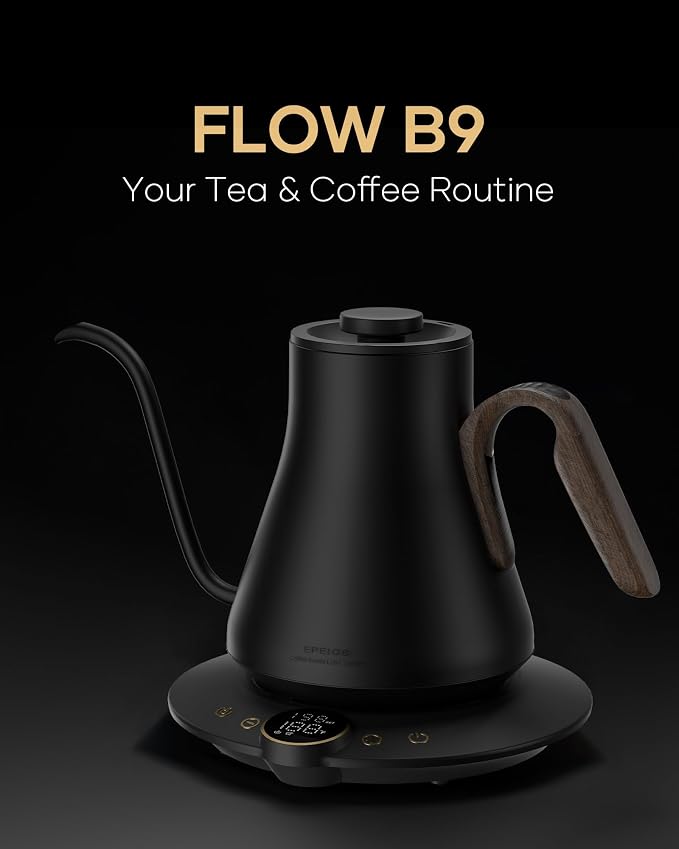 Cocinare Gooseneck Electric Kettle, ±1°F Precise Temperature Control, 1500W Fast Heating, Pour Over Coffee & Tea Kettle with Brew Timer & Keep Warm, Stainless Steel, 0.9L (Goya Walnut)