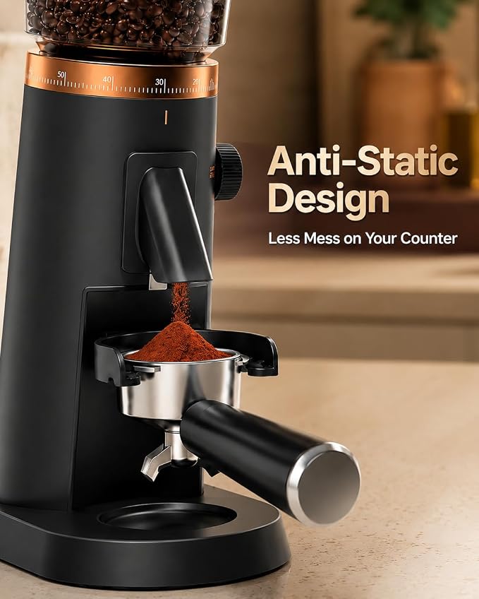 AMZCHEF Single Dose Burr Grinder, 75 Settings, Quiet DC Motor, Anti-Static | 40mm Burr, <0.2g Retention, 5-60s Timer, Magnetic Outlet, Vacuum Storage Cup, LED Light, Espresso, Pour-Over & French Press