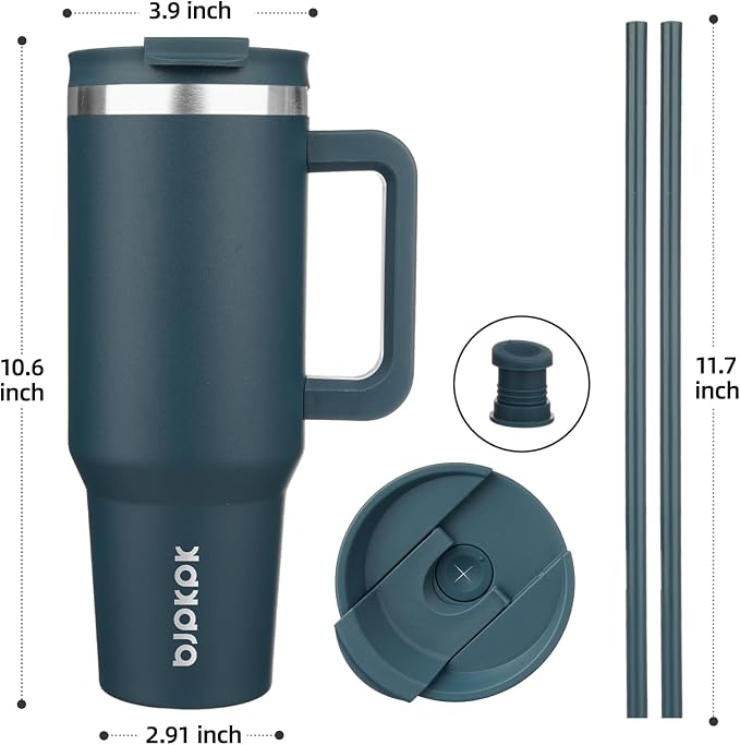 BJPKPK 40 oz Insulated Tumbler with Handle & Straw, Stainless Steel | Double Wall Vacuum Insulation, Leak Proof, BPA Free, Dishwasher Safe, Cupholder Friendly, Travel & Outdoor, Navy Blue