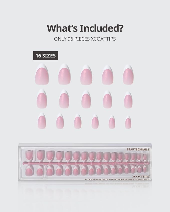 BTArtboxnails XCOATTIPS White French Tip Press On, S Almond, Pink Glitter | Lamp-Curable 4-Week Wear, Salon Quality Value at Home, Natural Nail Look, Easy-to-Apply for Beginners, 96ct Nail Tips Only