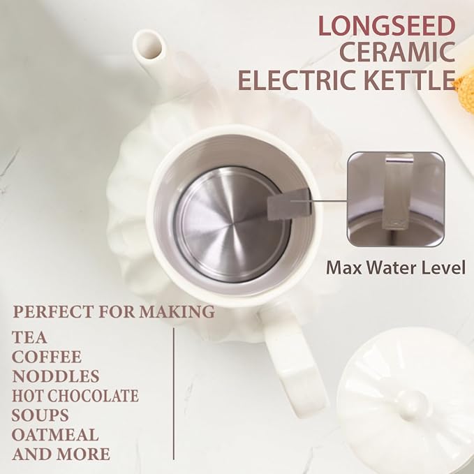 Ceramic Electric Kettle, 1.5L/1200W Boil Water Quickly and Easily with Boil-Dry Protection Auto Shut Off, Detachable Swivel Base, Diamond Cut Glazed