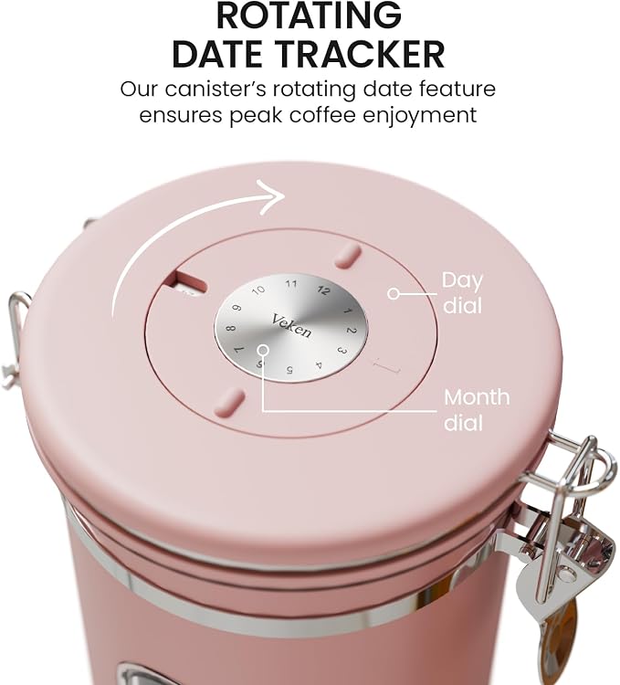 Veken Coffee Canister with Window, Airtight Stainless Steel Container, 22OZ | Date Tracker,Kitchen Food Storage Organizers for Beans, Ground, Espresso, Rice,Tea, Sugar,Cereal, Gifts,Lids,Jars,Scoop, Pink