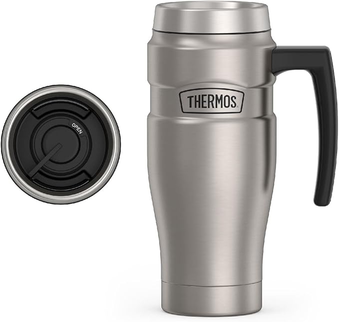 THERMOS Stainless King Travel Mug with Handle, 16oz, Matte Steel | Vacuum-Insulated Travel Mug with Handle for Hot & Cold Drinks, Stainless Steel Coffee Mug with Lid for Commuting
