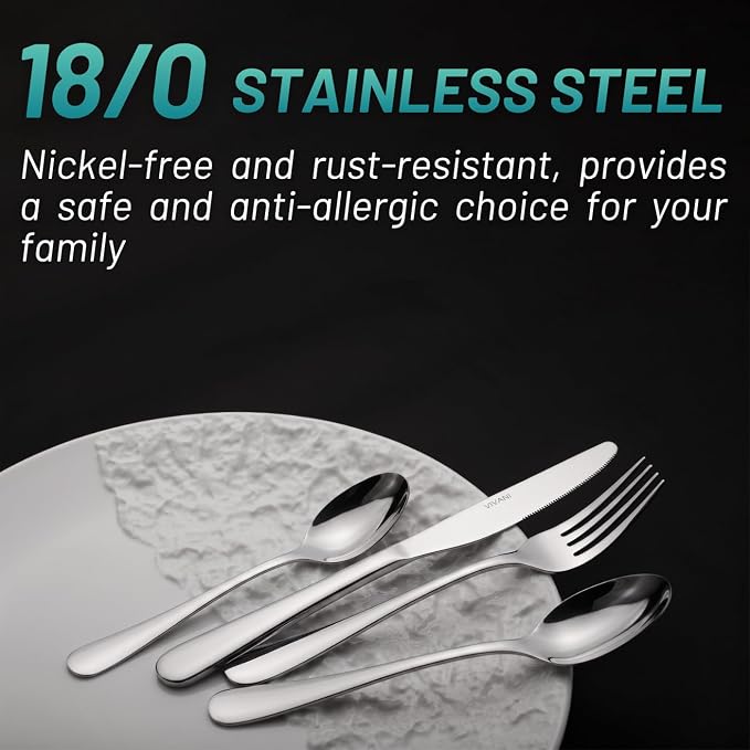 VIVANI 16 Piece Silverware Set for 4, Premium Stainless Steel Cutlery Set | Dishwasher safe, ergonomic handle, mirror polished, rust resistant for home, kitchen, dorms, apartments and hosting