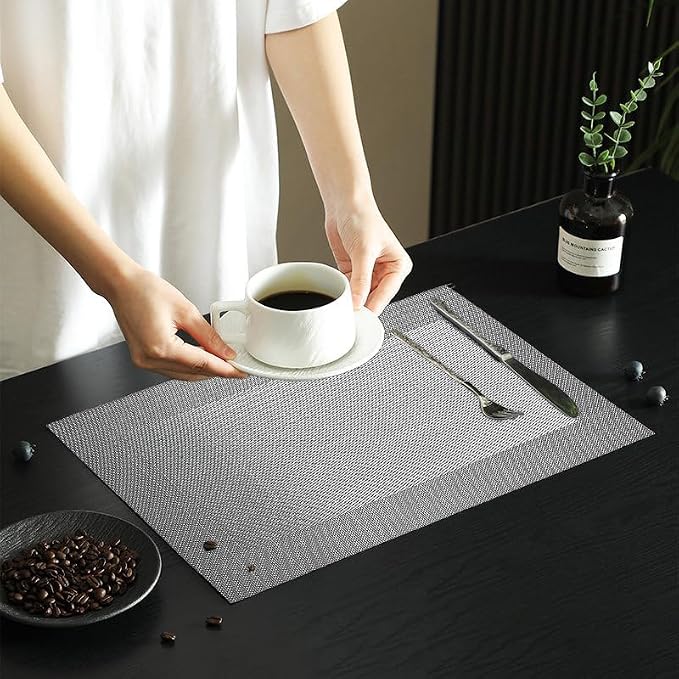 Vinyl Placemats Heat-Resistant Table Mats Washable Easy Clean Plastic Placemat for Kitchen Dining Table Set of 8 Indoor Outdoor (Dark Silver)