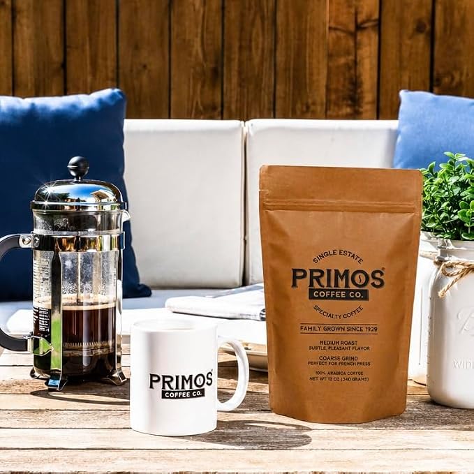 Primos French Press Coffee - Dark Roast Arabica - Coarse Grind - 2 Bags | Coarsely ground for balanced extraction; bold, low acid, fruit & cacao notes; from our Nicaraguan farm & Texas roastery